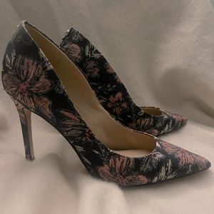 Sam Edelman navy heels with pink and white floral design.